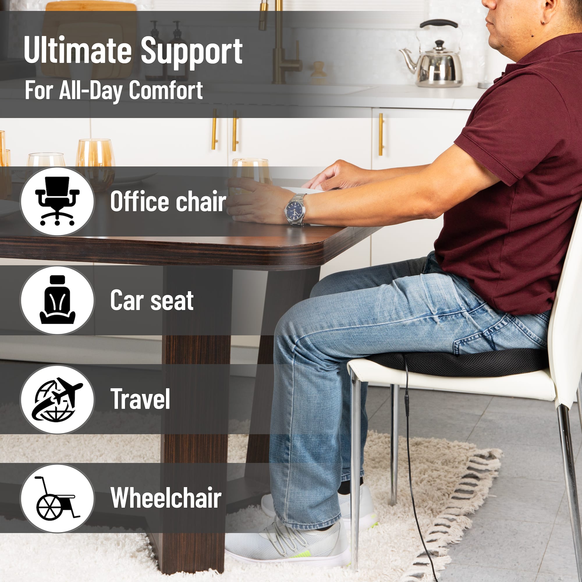 Mind Reader Heated Memory Foam Seat Cushion, Air-Cloud Technology, Coccyx & Hip Pain Relief with 4 Heat Settings, Timer & Auto Shut-Off, Black